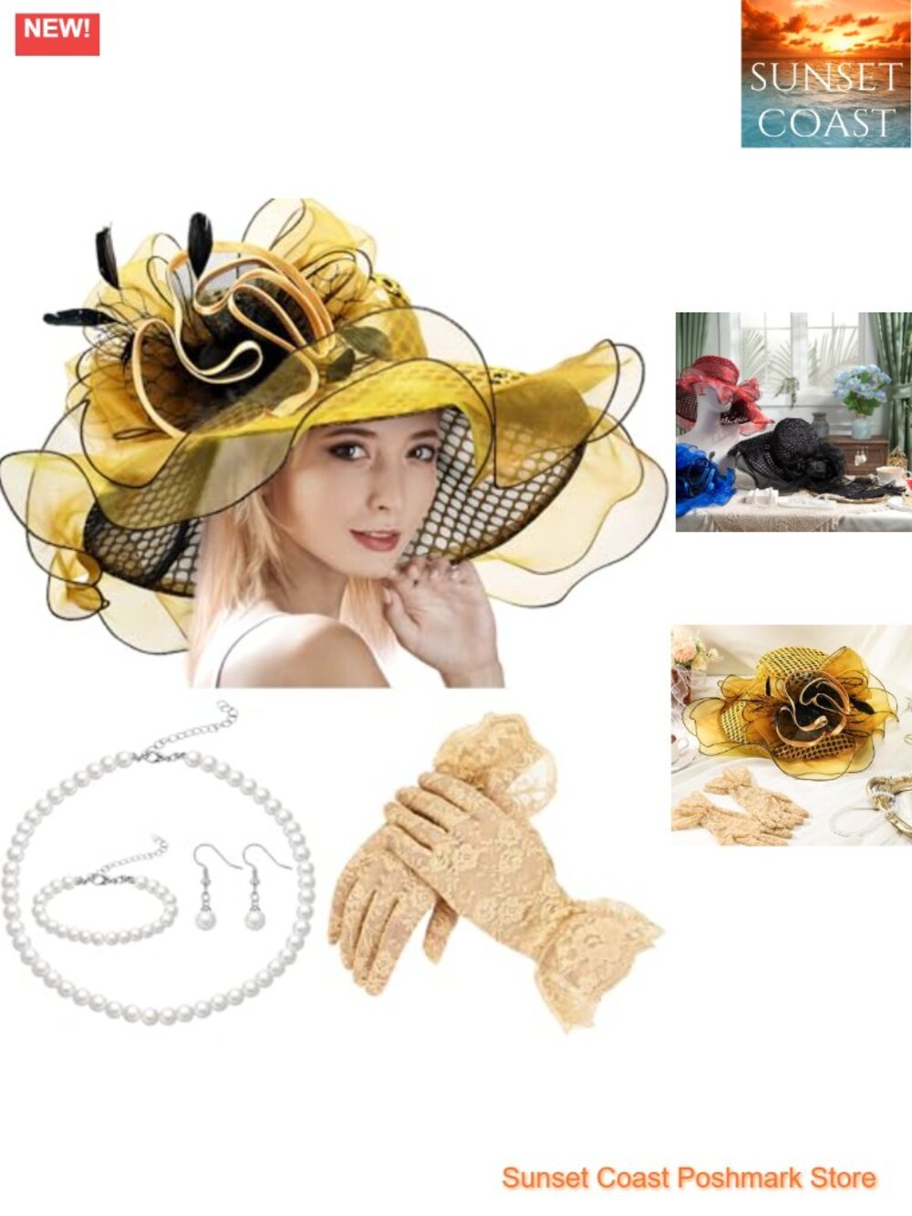 Women's Organza Derby Hat Set Lace Gloves Pearl Jewelry Fascinator